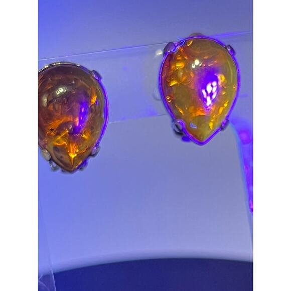 Sterling Silver 925 Prong Teardrop Shape Glowing Amber Stud Clip On Earrings - Picture 13 of 13